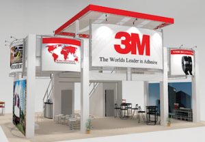 The SC5040 trade show exhibit booth features a giant three-panel billboard and is visible from anywhere on the trade show floor. The front canopy over the upper deck attracts attention and is sure to impresses while hosting private meetings with VIP clients or even a cocktail party! View 1