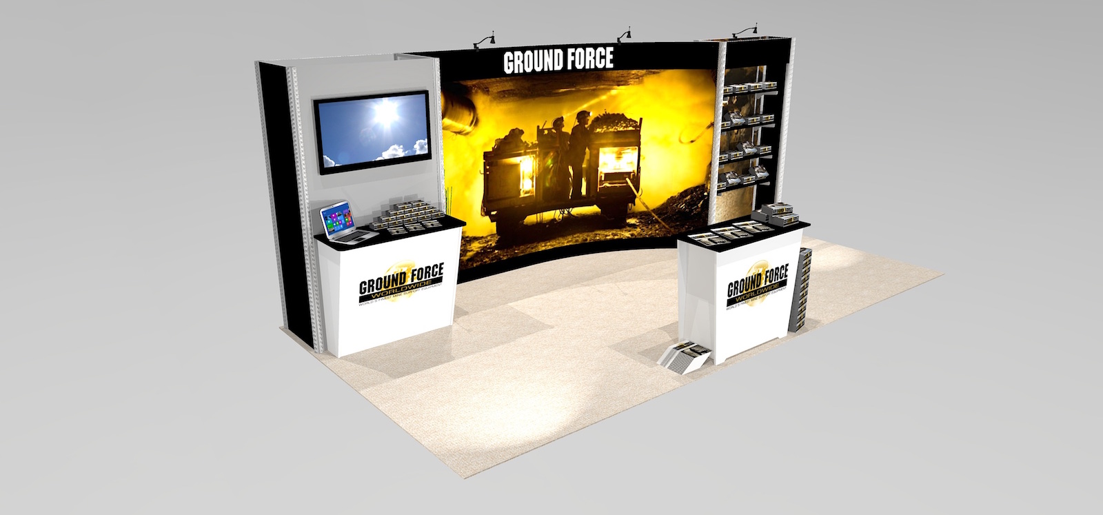 The IM2 trade show exhibit display is a10 x 20 inline and provides product shelving, and a flat screen work station with plenty of writing space. The backlit back wall counter with a large mural graphic, reception counter with space for writing and plenty of storage. View 3