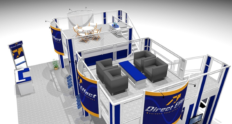 The Two Story EC3040 trade show booth design provides two 13 x 13 decks separated by a split staircase. The upper lounges can be enclosed with walls which will offer even more graphic square footage at maximum show height. Four radius logo signs ensure that your message is visible from anywhere on the trade show floor. View 2