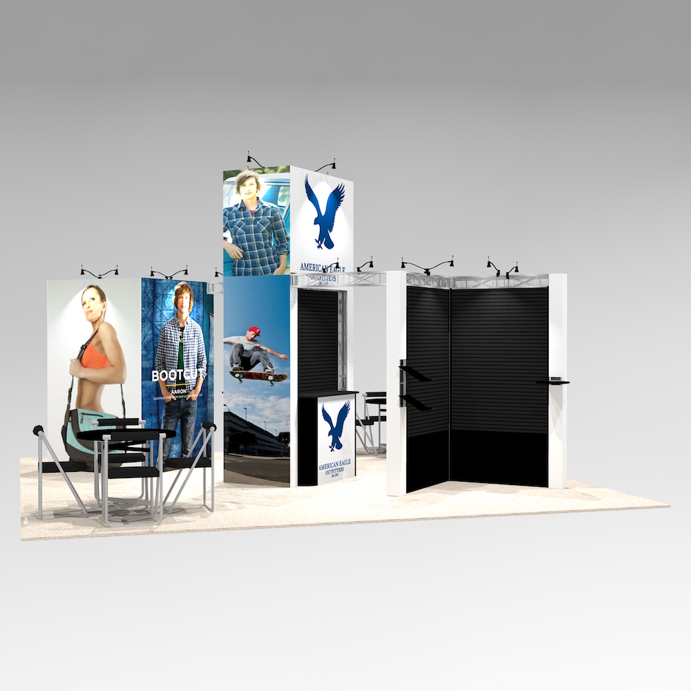 The ALA2020 has extra-large wall panels offering combinations for both slat wall and mural graphics. An open layout, meeting areas, counters/storage and a customizable tower for visible logo branding. View 1