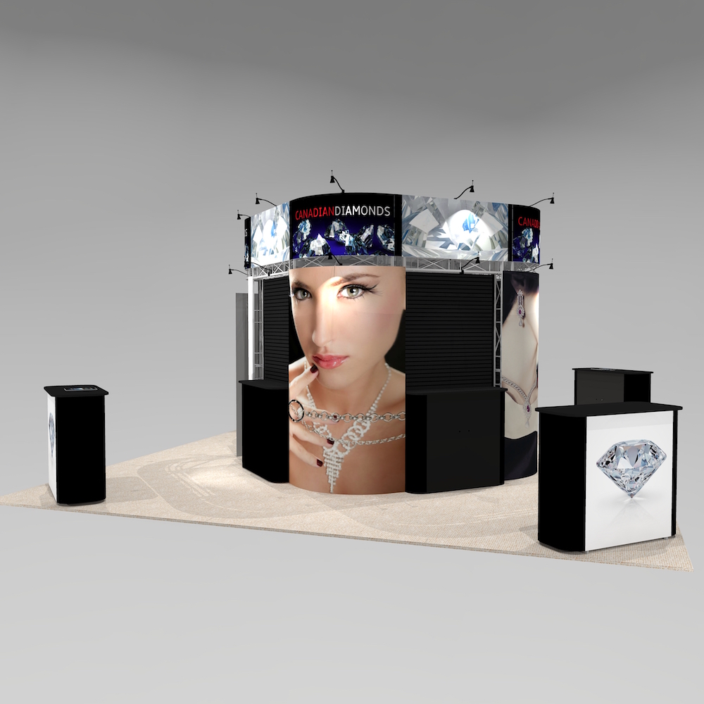 The ALC2020 is a customized Tradeshow Display design ideal for jewelry, clothing, and lots of product display. Use the inside for storage or meetings and tailor the height and size to your needs. View 2