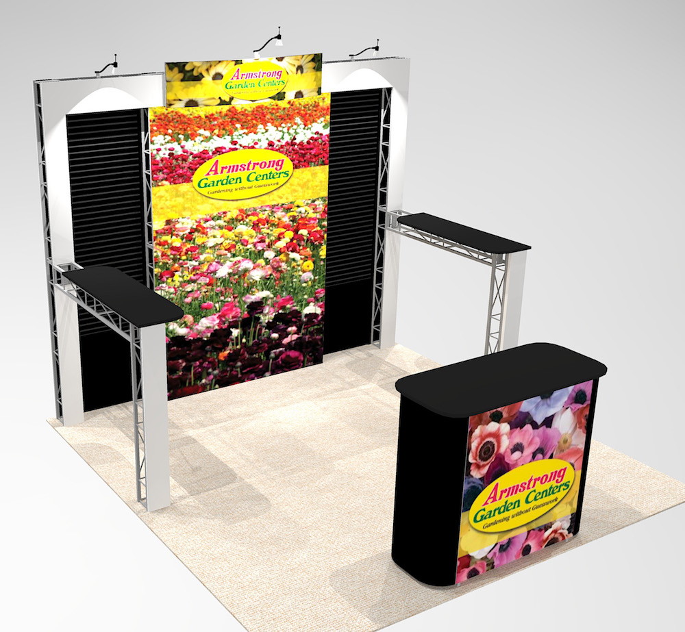 Our BEL10 custom booth design features two slat wall panels with a clean look that frames your super-sized center graphic. The slat wall showcases your products and center mural to shows the benefits! Side return countertops for customer interaction. View 2
