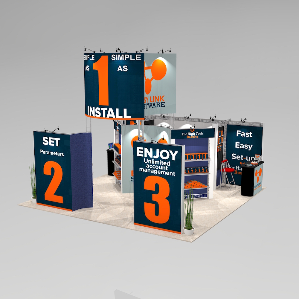 The BIG2020 provides maximum graphic display and brand imaging. A central greeting area, private space and unique curved customizable tower graphics. View 1