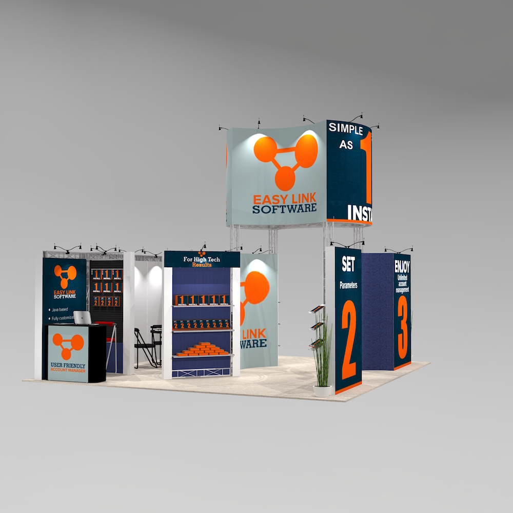 The BIG2020 provides maximum graphic display and brand imaging. A central greeting area, private space and unique curved customizable tower graphics. View 2