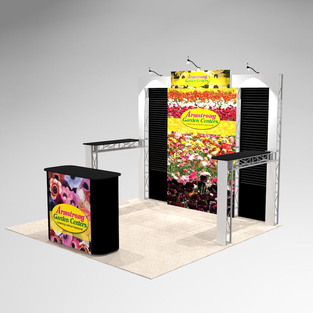 Our BEL10 custom booth design features two slat wall panels with a clean look that frames your super-sized center graphic. The slat wall showcases your products and center mural to shows the benefits! Side return countertops for customer interaction. View 3