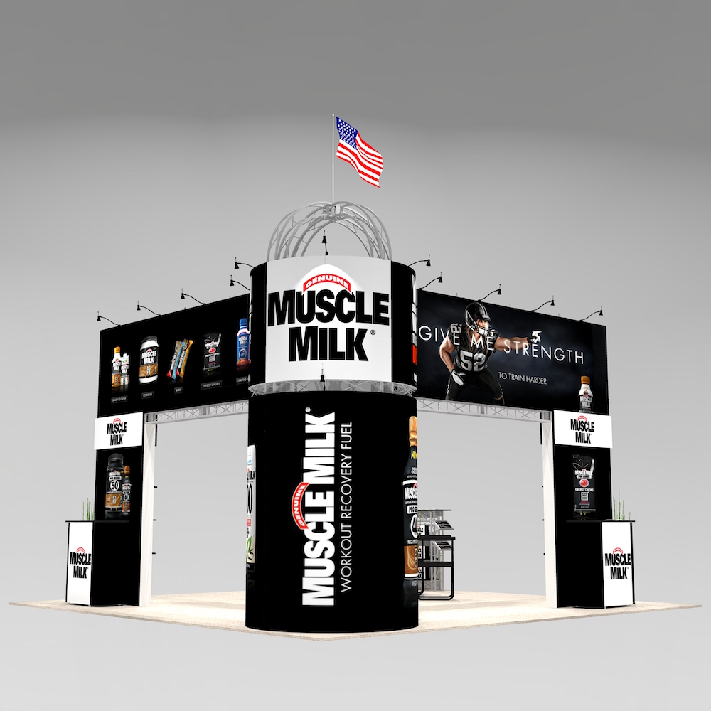 This CHI2020 trade show exhibit is ideal for a presentation or demonstration area with ample room for seating or product display. Featuring a unique domed silo structure with 2 huge overhead graphic banners to showcase your logo and branding. View 1