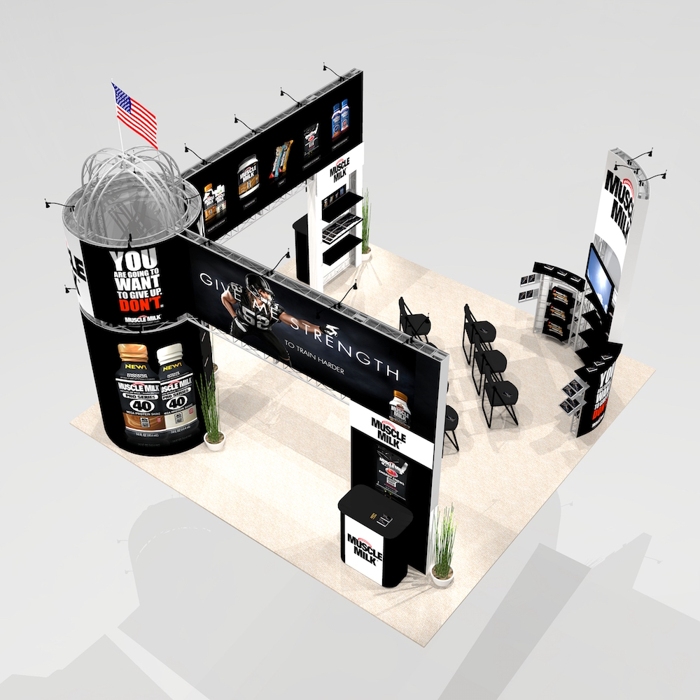 This CHI2020 trade show exhibit is ideal for a presentation or demonstration area with ample room for seating or product display. Featuring a unique domed silo structure with 2 huge overhead graphic banners to showcase your logo and branding. View 2