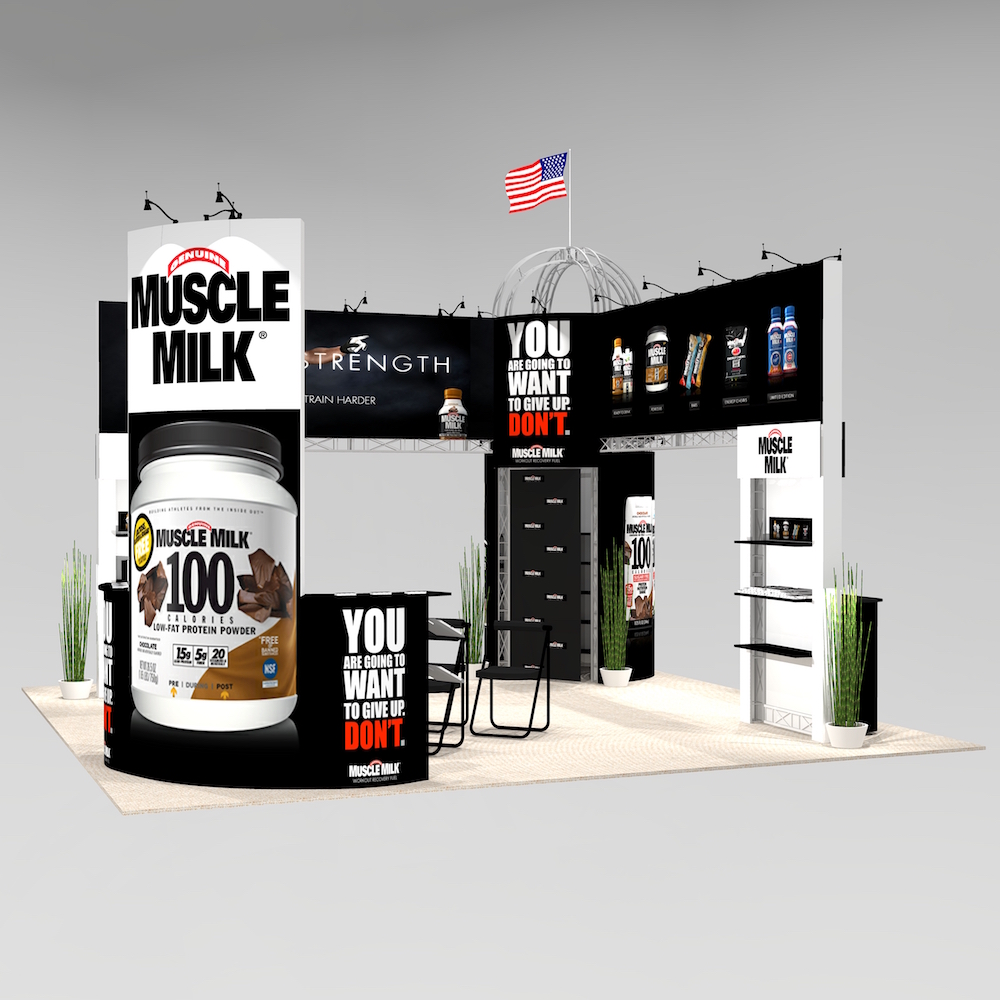 This CHI2020 trade show exhibit is ideal for a presentation or demonstration area with ample room for seating or product display. Featuring a unique domed silo structure with 2 huge overhead graphic banners to showcase your logo and branding. View 3