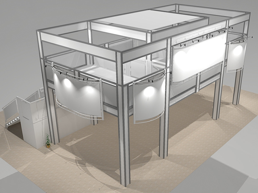 The ON5040 multi-level trade show booth rental features a large center providing customizable areas for meeting space, lounges, coffee service, and more. A massive open layout is ready for walls, kiosks, and product placement areas Storage closets, lighting and signage make a great impression. View 2