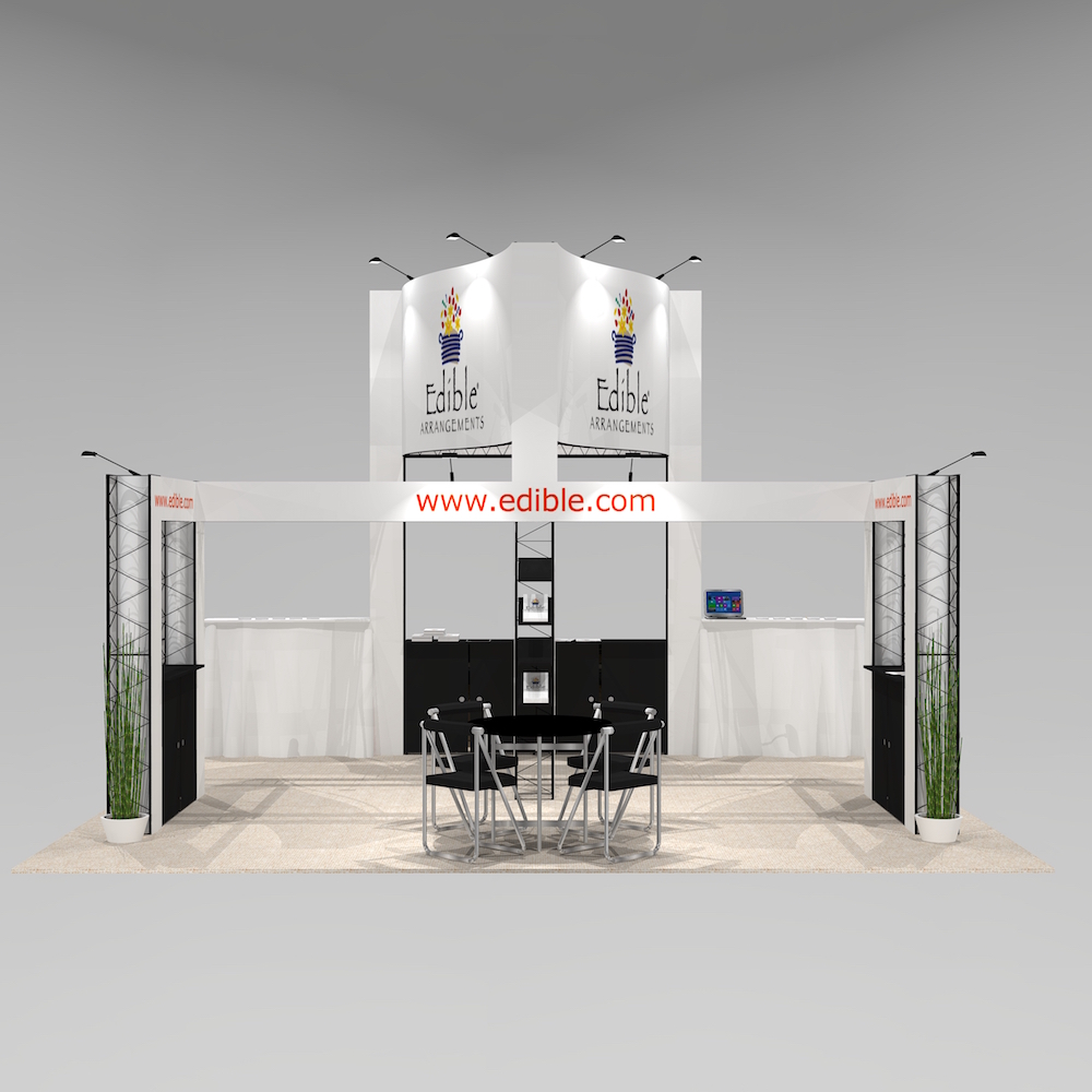 The EME2020 tradeshow exhibit rental is an open floor plan with lots of merchandising space. Open access with a large tower that will showcase your logo branding. Four literature shelves and merchandise display. View 1