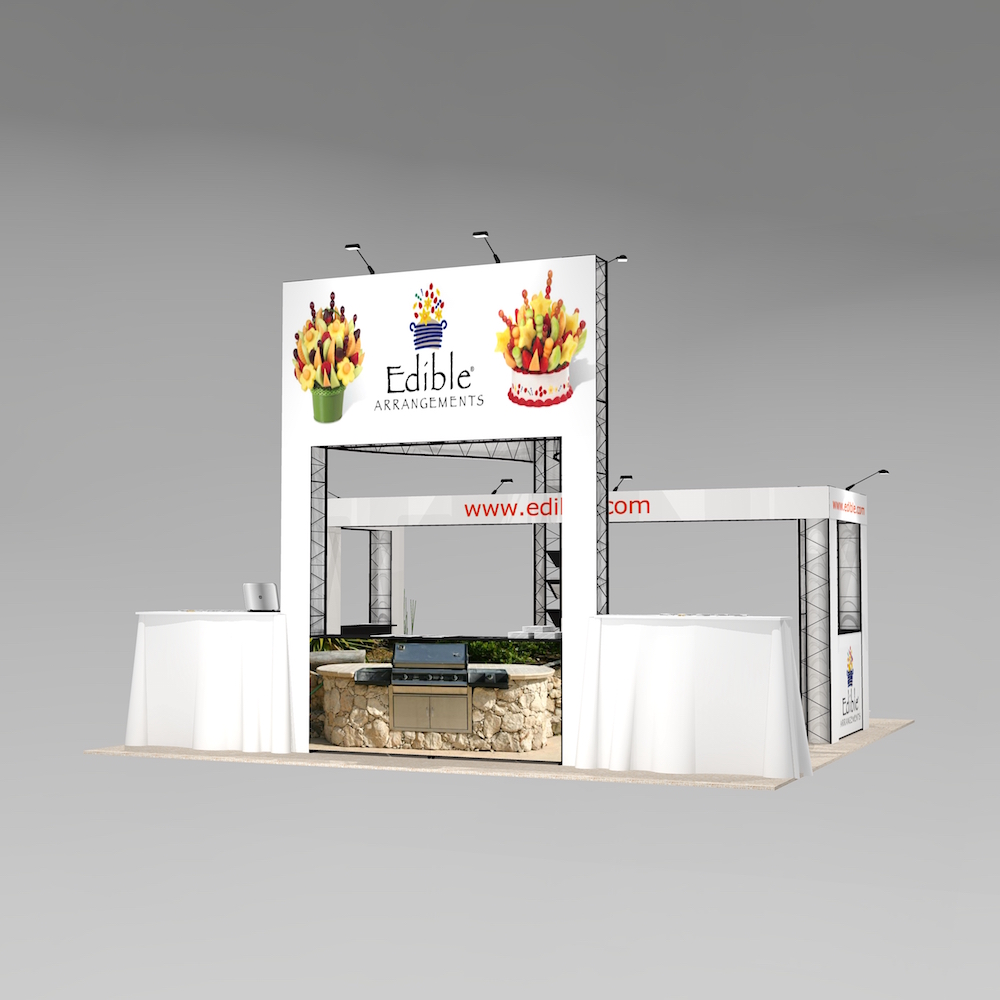 The EME2020 tradeshow exhibit rental is an open floor plan with lots of merchandising space. Open access with a large tower that will showcase your logo branding. Four literature shelves and merchandise display. View 3