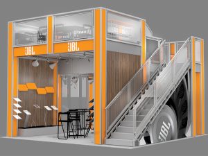 The EX2020 tradeshow two story deck design has extra high ceilings at over 8 ft. and 10 ft., resulting in two separate upper levels. Literature holders, stools and bistro or conference tables available on enhanced versions. View 2