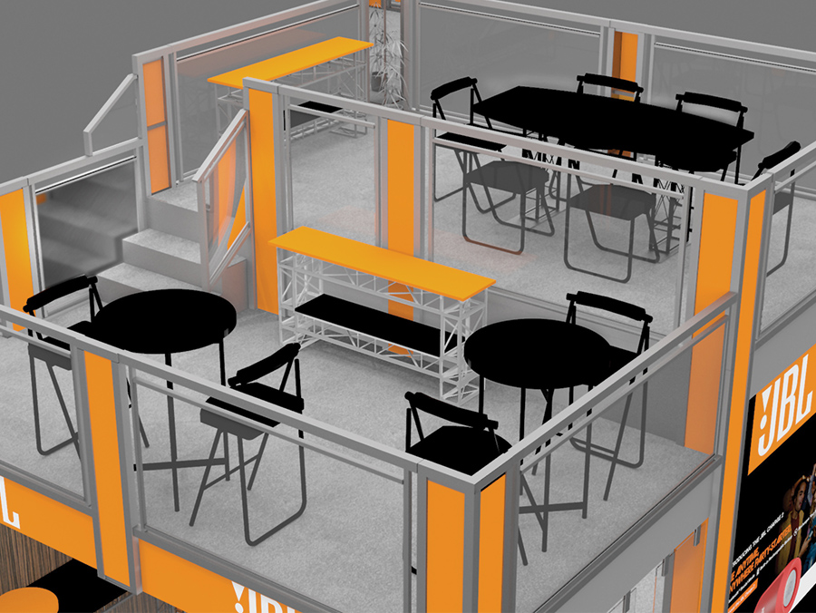 The EX2020 tradeshow two story deck design has extra high ceilings at over 8 ft. and 10 ft., resulting in two separate upper levels. Literature holders, stools and bistro or conference tables available on enhanced versions. View 3