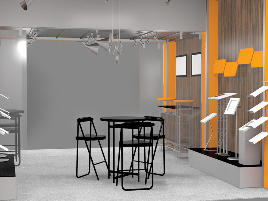 The EX2020 tradeshow two story deck design has extra high ceilings at over 8 ft. and 10 ft., resulting in two separate upper levels. Literature holders, stools and bistro or conference tables available on enhanced versions. View 4