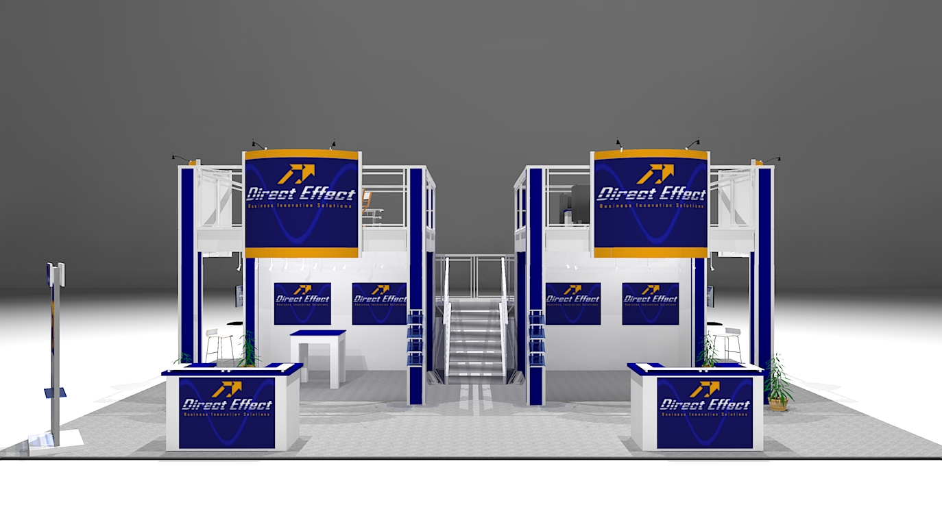 The Two Story EC3040 trade show booth design provides two 13 x 13 decks separated by a split staircase. The upper lounges can be enclosed with walls which will offer even more graphic square footage at maximum show height. Four radius logo signs ensure that your message is visible from anywhere on the trade show floor. View 1