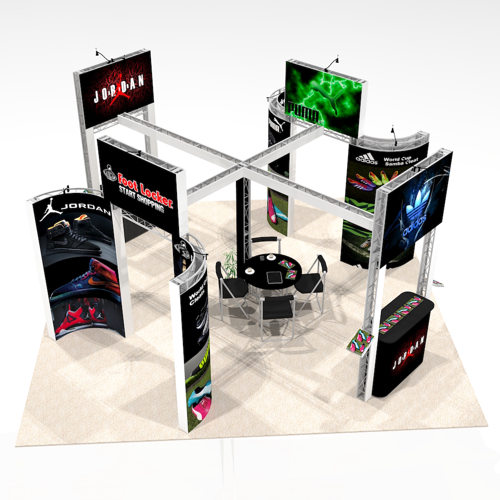 The FRA2020 offers impactful graphics and slat wall for product display. An ideal trade show exhibit for clothing, jewelry, clothing, electronics and small products. A meeting area with ample counters and large mural walls for great visibility. View 1
