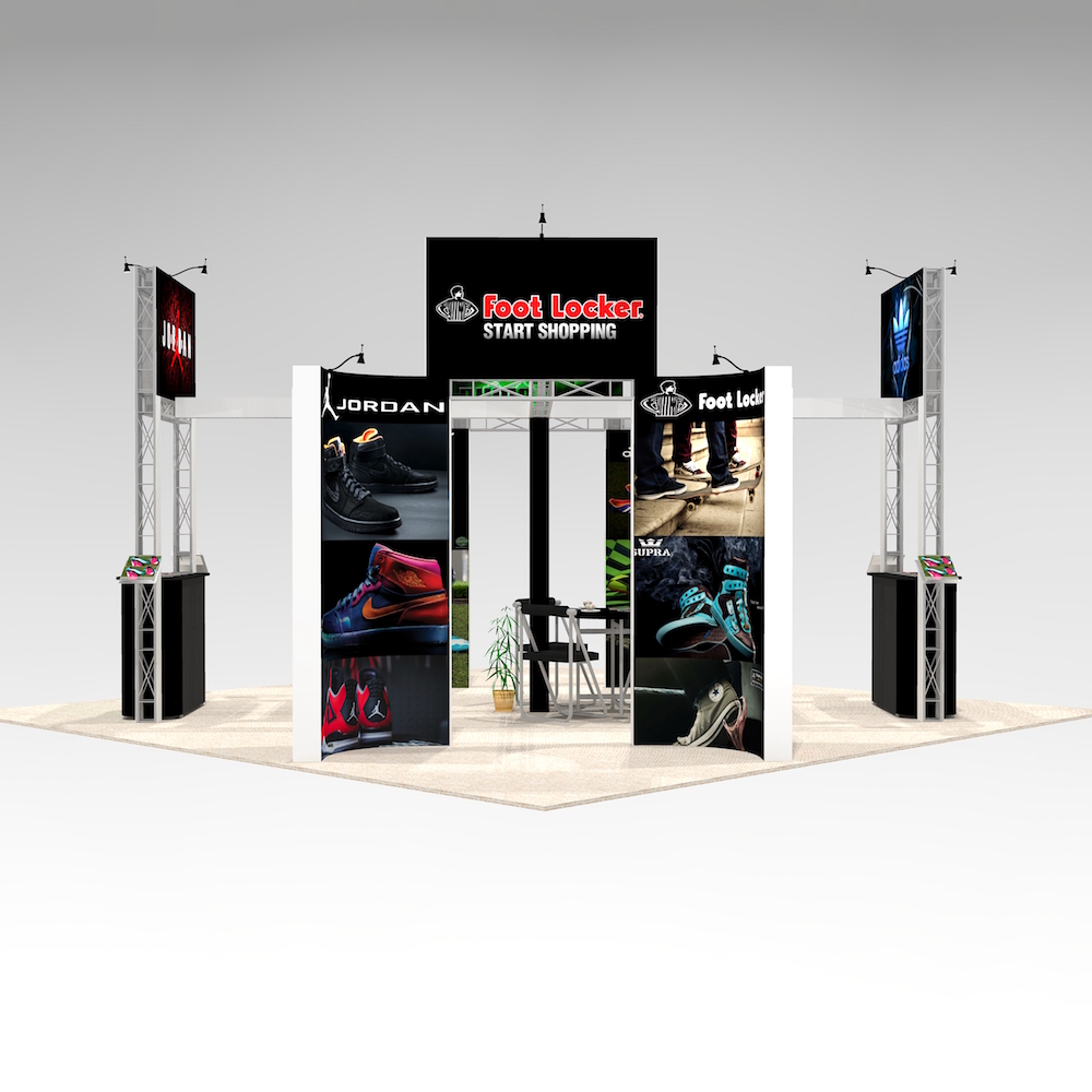 The FRA2020 offers impactful graphics and slat wall for product display. An ideal trade show exhibit for clothing, jewelry, clothing, electronics and small products. A meeting area with ample counters and large mural walls for great visibility. View 3