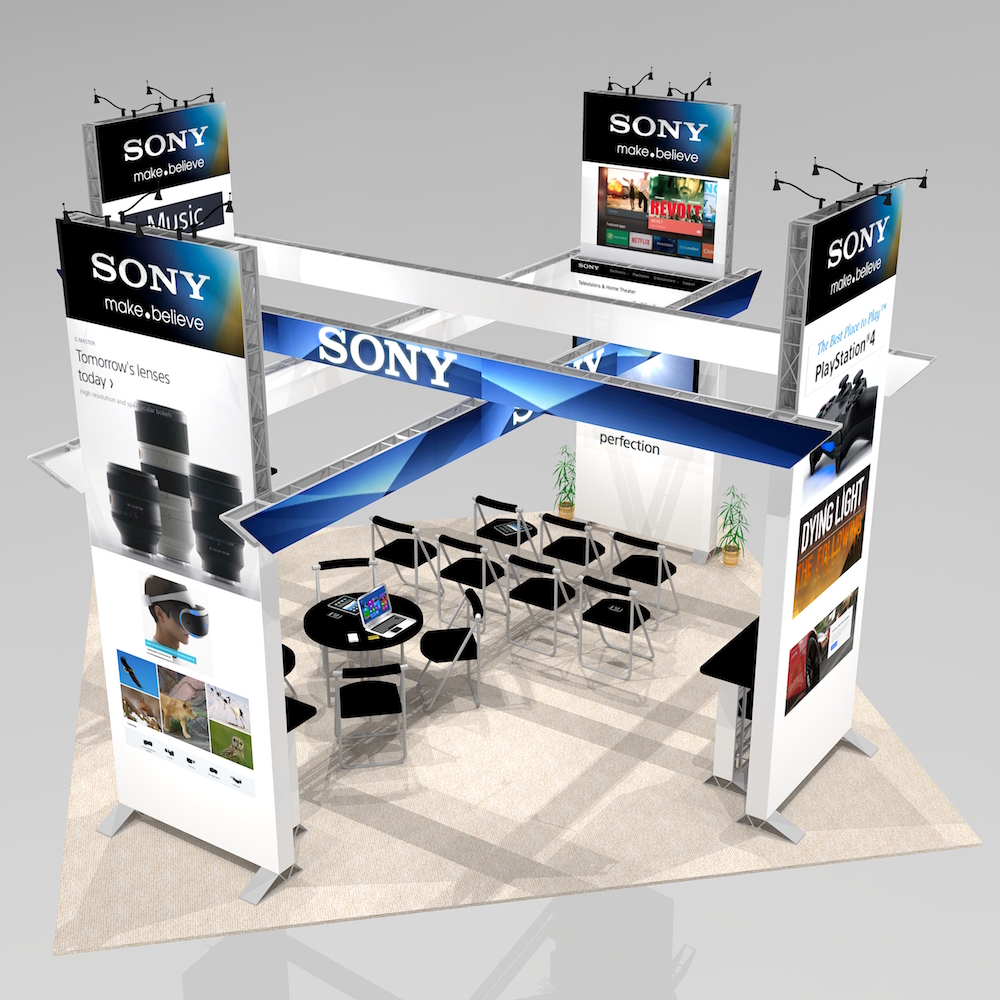 The HOL2020 trade show exhibit design is ideal for meetings, demonstrations and presentation. Customizable with theatre seating or individual work stations. Surrounded by four large, two-sided graphic towers. View 2