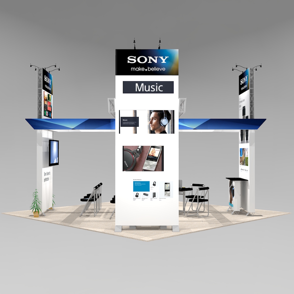 The HOL2020 trade show exhibit design is ideal for meetings, demonstrations and presentation. Customizable with theatre seating or individual work stations. Surrounded by four large, two-sided graphic towers. View 3