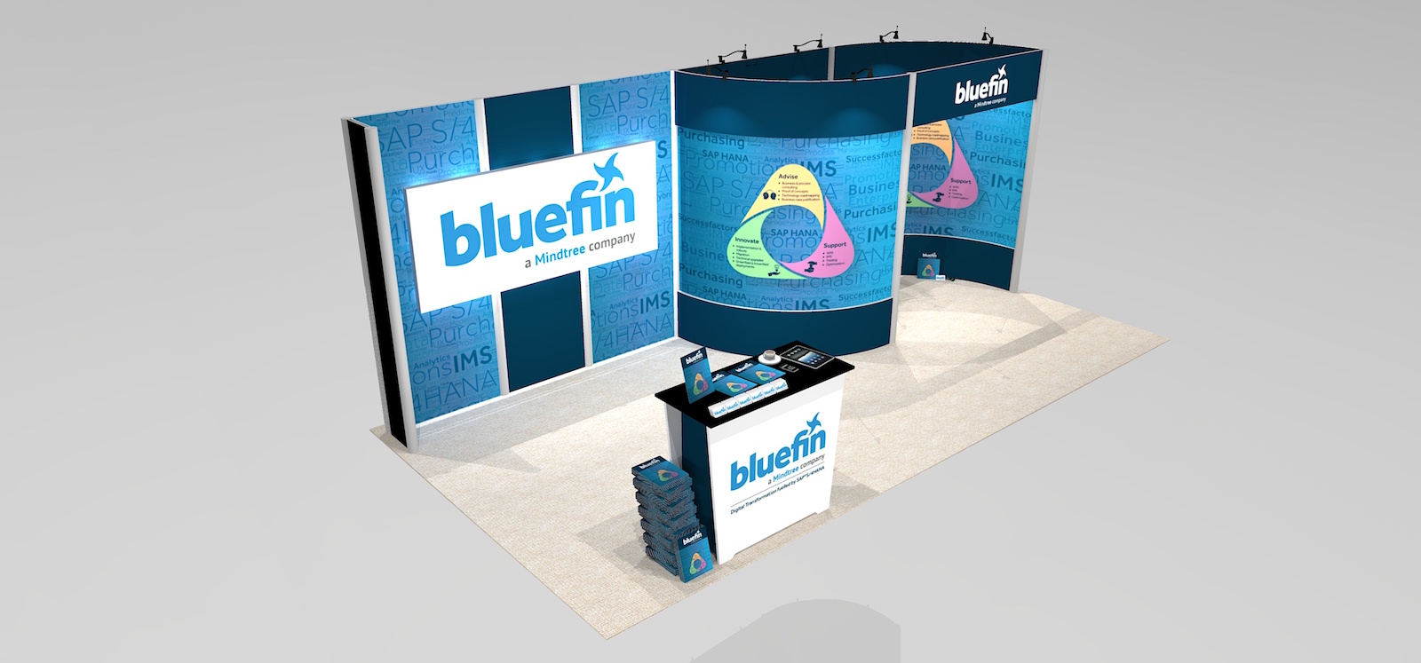 The IM13 10’ x 20’ Design is a space saving meeting area trade show exhibit layout with extra graphic space. Featuring silhouette lighting, a flat mural wall and functional counter space to make an impact with your customers. View 2