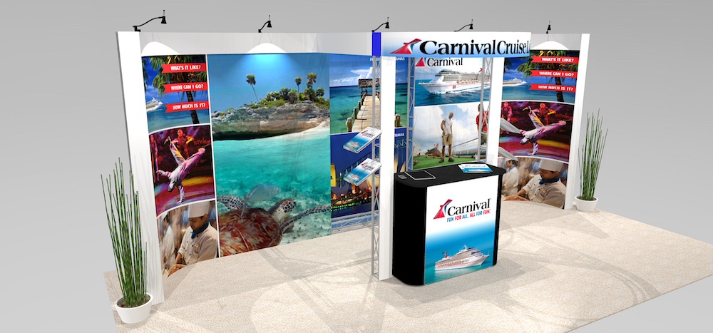 The MAR1020 10’ x 20' features continuous 3D mural image trade show graphics or portrait style images. A curved header design across the front of your exhibit space increases visibility. Accessory options and design variations include workspace counters or product display, video monitors, additional literature shelves and backlighting options. View 3