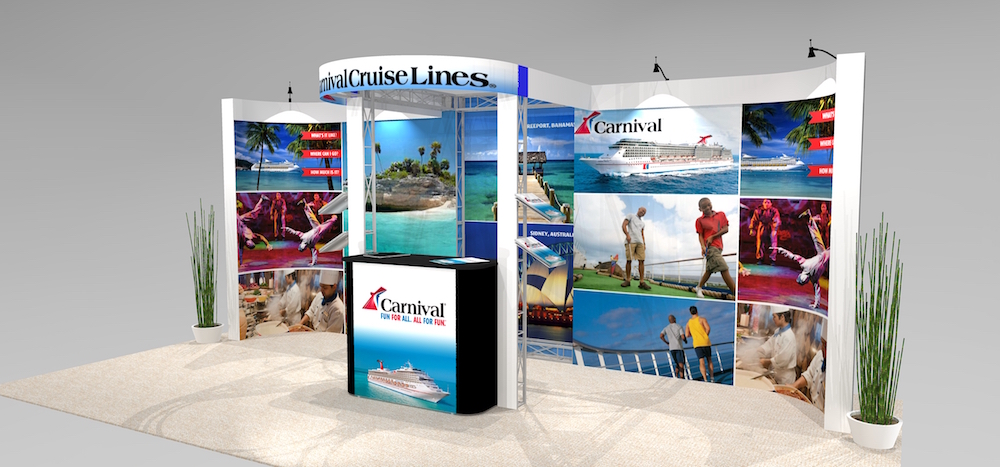 The MAR1020 10’ x 20' features continuous 3D mural image trade show graphics or portrait style images. A curved header design across the front of your exhibit space increases visibility. Accessory options and design variations include workspace counters or product display, video monitors, additional literature shelves and backlighting options. View 1