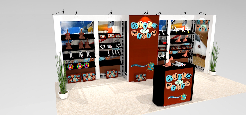 The MONT1020 is our most popular trade show exhibit designs because it’s ideal for displaying small items such as toys, shoes or jewelry. 550 linear feet of shelf space in a sturdy 20 ft truss booth. View 2