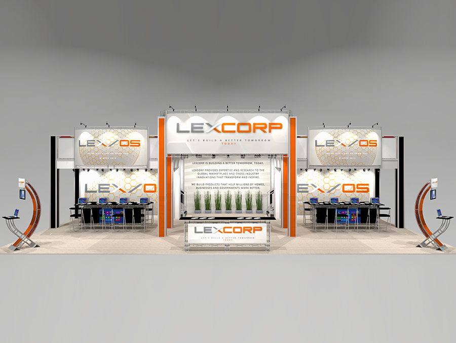 Our RO5030 multi-level tradeshow booth rental features an extended height for 3 distinct areas for meeting space, lounges, coffee service, and more. A massive open layout ready for walls, kiosks, and product placement areas designed to your specific needs. Three huge billboard signs in front welcome attendees to your booth. View 1