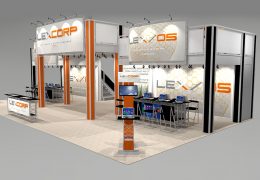 Our RO5030 multi-level tradeshow booth rental features an extended height for 3 distinct areas for meeting space, lounges, coffee service, and more. A massive open layout ready for walls, kiosks, and product placement areas designed to your specific needs. Three huge billboard signs in front welcome attendees to your booth. View 2