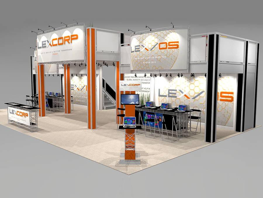 Our RO5030 multi-level tradeshow booth rental features an extended height for 3 distinct areas for meeting space, lounges, coffee service, and more. A massive open layout ready for walls, kiosks, and product placement areas designed to your specific needs. Three huge billboard signs in front welcome attendees to your booth. View 2
