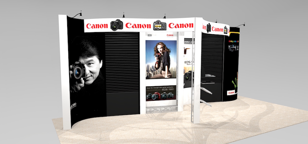 NAP1020 Exhibit rental showcases slat wall and graphics with a unique 20′ x 10′ trade show booth featuring opposite curved ends with a center curve and three flat 34.5″ wide panels. Optional Radius Headers in three different configurations. View 2