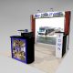Large mural image area and sweeping logo header on the OPA10 design. Custom color fabric accent tubes to highlight your logo and graphics. A standard 10 x 10 tradeshow booth with literature shelves and reception counter with storage. View 2