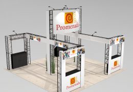 This RUB2020 island tradeshow display design uses 12' square truss for a different look. Four workstations with locking storage double as casual meeting areas with a large open space in the middle. View 2