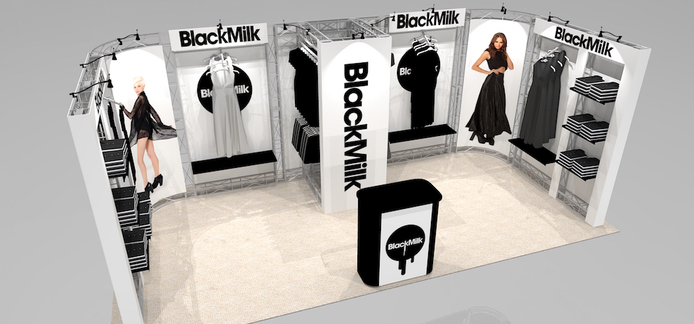The SAL1020 10’ x 20’ trade show exhibit booth is designed for merchandising clothing and products, and includes a closet! Maximum logo and branding space with plenty of room for shelving, slat wall or your own creative graphics. Full length side walls are designed for the unique show regulations common in the apparel and gift industry. View 2