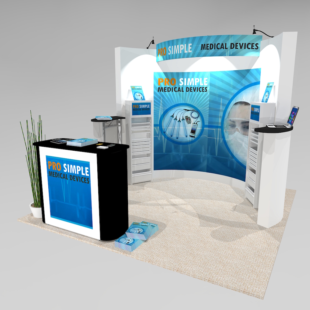 The TAH10 exhibit has 100 degrees of curved graphics to draw in a guest from the trade show floor. Strong enough to hold large monitors and side returns offer 2 writing surfaces all in a 10x10 space. The counter is included and offers ample secure storage. View 3