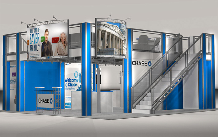 The TR3030 Double Decker trade show exhibit has an expansive 27 x 17 deck with 2 straight staircases on opposing sides to access the second story. Plenty of storage space located below the stairs and landings and a spacious upstairs Meeting or hospitality space. 