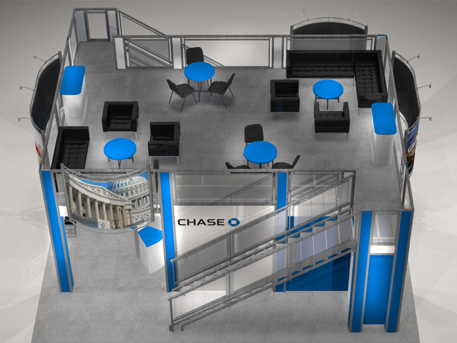 The TR3030 Double Decker trade show exhibit has an expansive 27 x 17 deck with 2 straight staircases on opposing sides to access the second story. Plenty of storage space located below the stairs and landings and a spacious upstairs Meeting or hospitality space. View 3