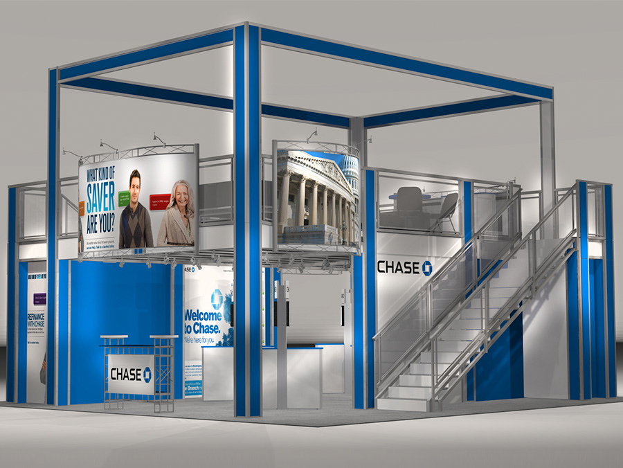Double Decker trade show exhibit design with workstations TR3030 Graphic Package B