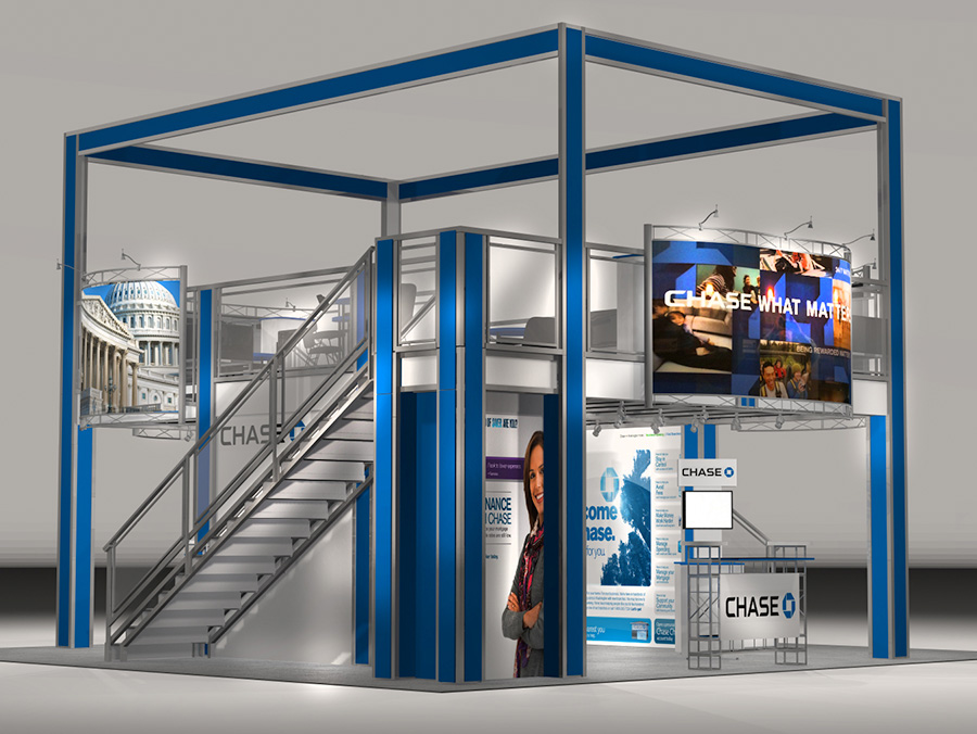 Double Decker trade show exhibit design with workstations TR3030 Graphic Package A
