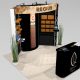 The APT10 exhibit design features a slat wall center focused marketing message and a curved trade show logo header. The slat wall design allows for a flat screen in the middle, with the sides for lots of product display space. View 1
