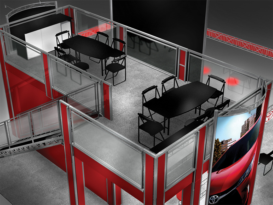 The multi-level GR3030 trade show booth features a second level ideal for a small conference room and lounge for entertaining clients. Three huge billboard signs and a wrap-around header increase visibility. Offers storage, privacy and professionalism. View 3