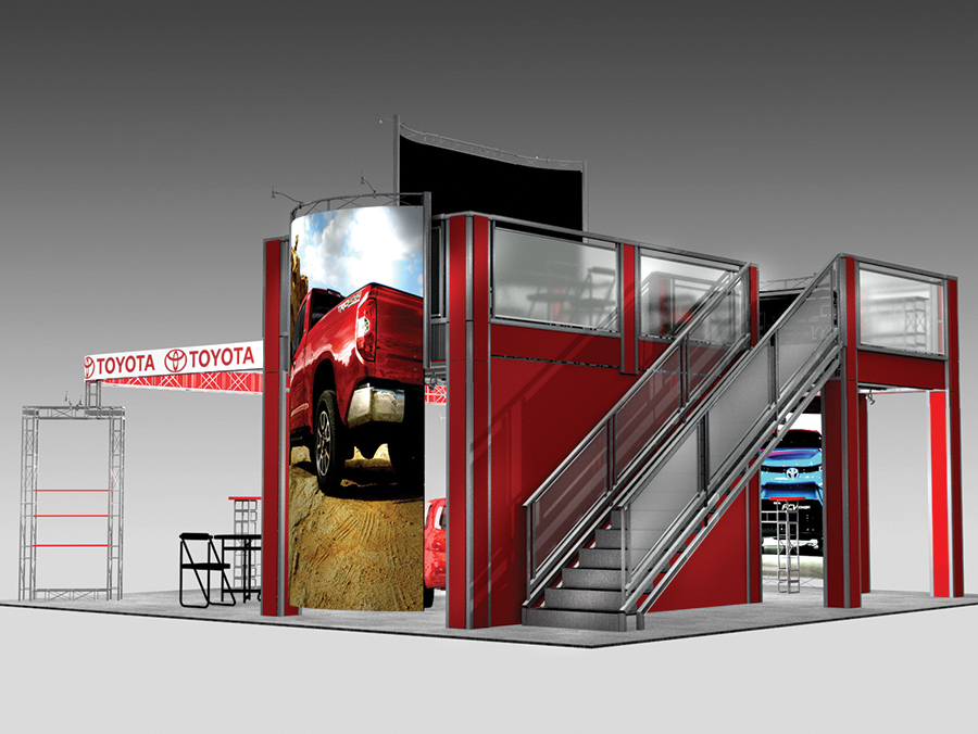 The multi-level GR3030 trade show booth features a second level ideal for a small conference room and lounge for entertaining clients. Three huge billboard signs and a wrap-around header increase visibility. Offers storage, privacy and professionalism. View 4