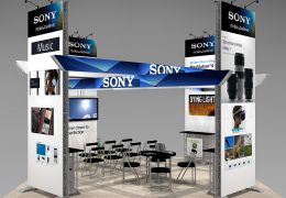 The HOL2020 trade show exhibit design is ideal for meetings, demonstrations and presentation. Customizable with theatre seating or individual work stations. Surrounded by four large, two-sided graphic towers.