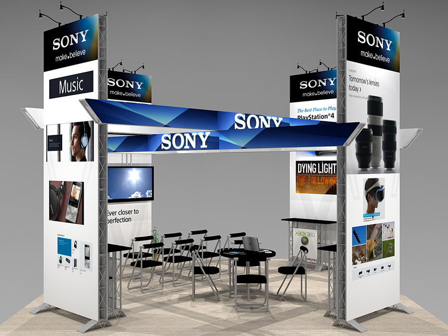 The HOL2020 trade show exhibit design is ideal for meetings, demonstrations and presentation. Customizable with theatre seating or individual work stations. Surrounded by four large, two-sided graphic towers.