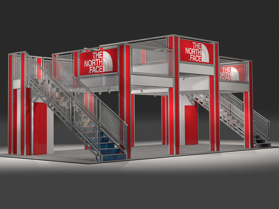 The TC4020 Triple Deck rental trade show exhibit features three impressive 9 x 17 upper decks at two heights. The middle deck creates 3 distinct areas for meeting rooms, lounges, coffee service, etc. This open layout is ready for walls, kiosks, storage and product placement. View 3