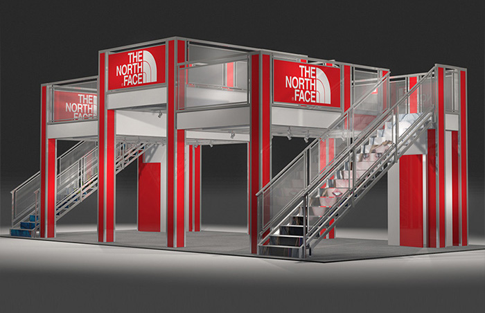 The TC4020 Triple Deck rental trade show exhibit features three impressive 9 x 17 upper decks at two heights. The middle deck creates 3 distinct areas for meeting rooms, lounges, coffee service, etc. This open layout is ready for walls, kiosks, storage and product placement. View 1