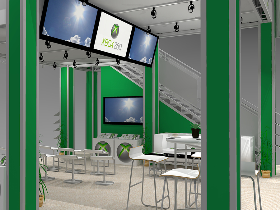 Tri-level custom two-story trade show exhibit design EX2020 Graphic Package C