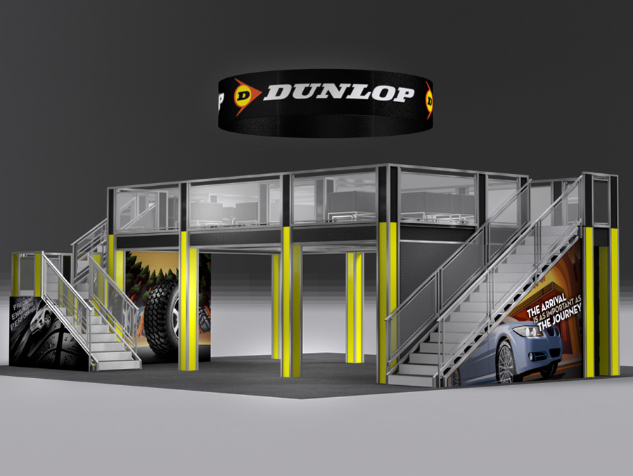 The OP4030 two story trade show exhibit is designed with two lounge areas, to deliver strong and powerful message areas while maximizing the use of your booth space with ample storage under the stairs and landings. View 2