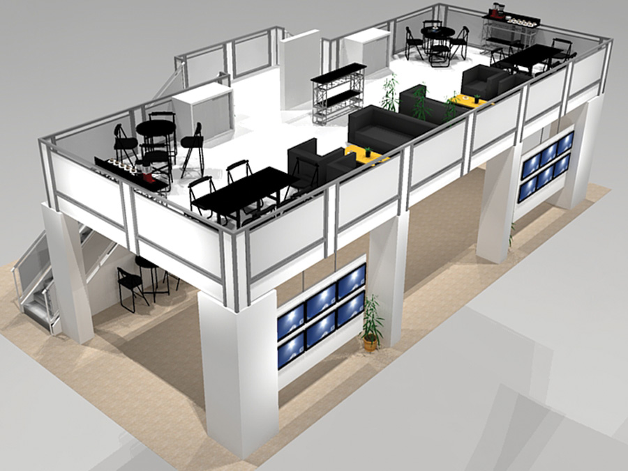 This double deck trade show exhibit VL5030 includes private and semi-private rooms into a 50 x 30 space and maintain floor space for products. A raised upper deck offers the highest lower level ceiling available on the trade show floor, and upstairs, more rooms with an expansive lounge accessible by 2 grand staircases.