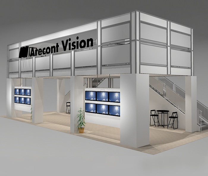 This double deck trade show exhibit VL5030 includes private and semi-private rooms into a 50 x 30 space and maintain floor space for products. A raised upper deck offers the highest lower level ceiling available on the trade show floor, and upstairs, more rooms with an expansive lounge accessible by 2 grand staircases. View 1
